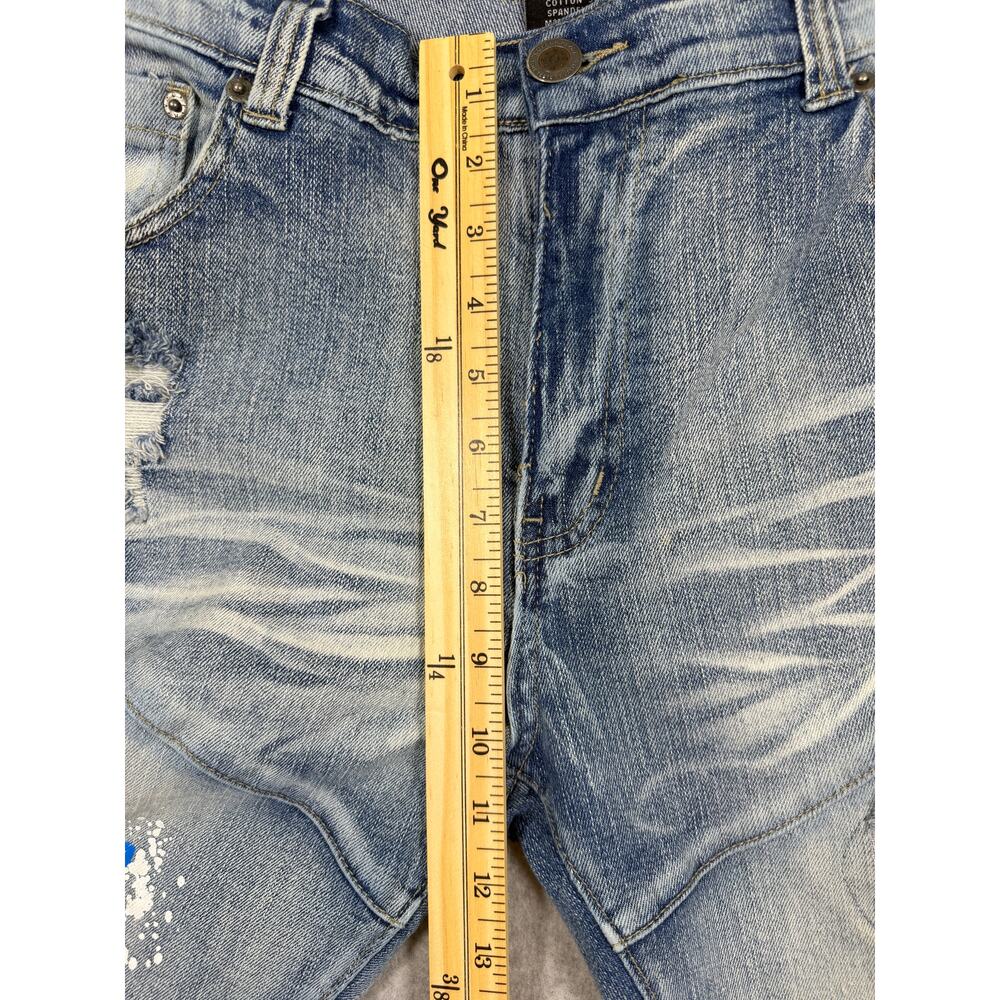 Copper Rivet Distressed Moto Mens Jeans Plaid Rip & Repair Light Blue 38x32 Slim - Picture 12 of 16